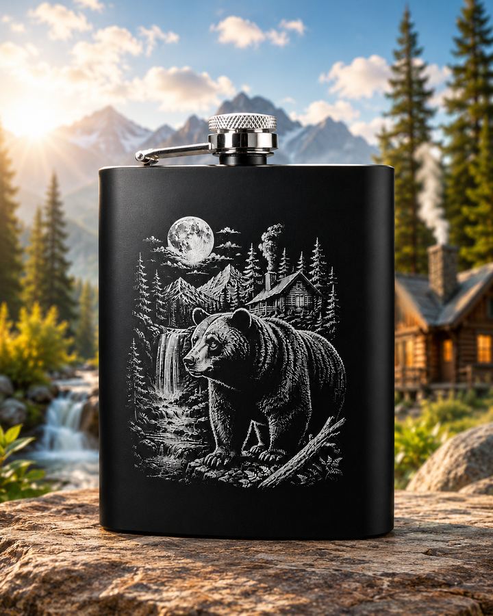 Black stainless steel flask laser engraved with a bear, waterfall, and cabin scene