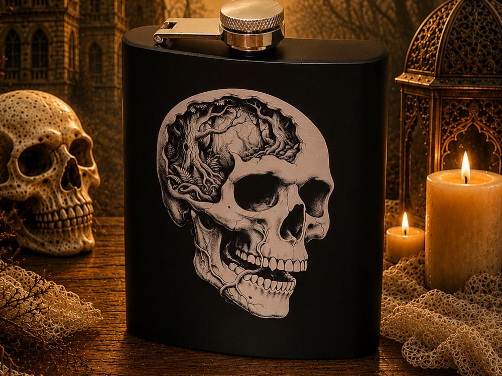 Black stainless steel flask laser engraved with a gothic skull design
