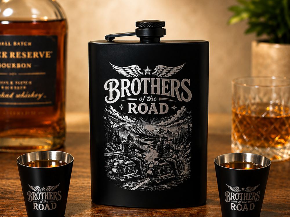 Black flask and shot glass set laser engraved with a Brothers of the Road motorcycle design