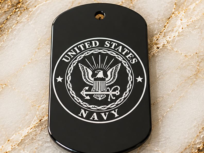 Laser engraved black United States Navy dog tag with eagle and anchor seal