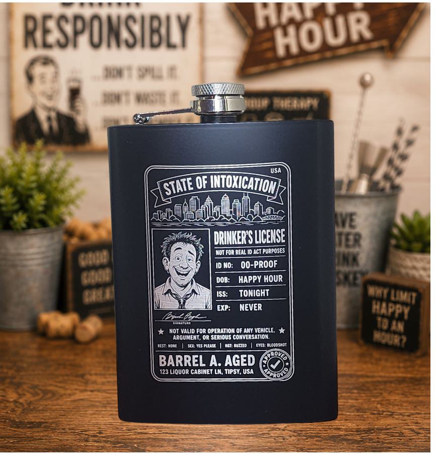 Black flask laser engraved with a novelty Drinker's License design