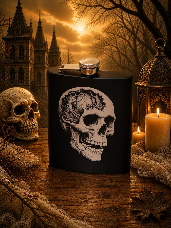 Laser engraved gothic skull design stainless steel flask