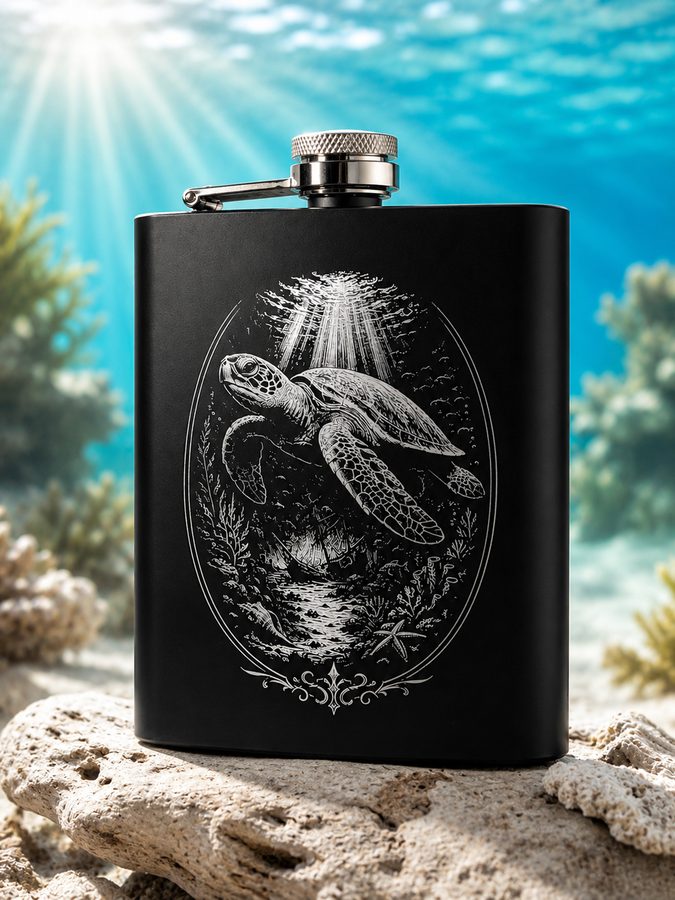 Laser engraved sea turtle design flask