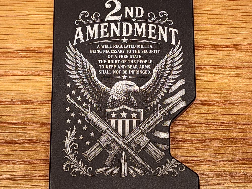 Black aluminum RFID-blocking wallet card laser engraved with a 2nd Amendment eagle design