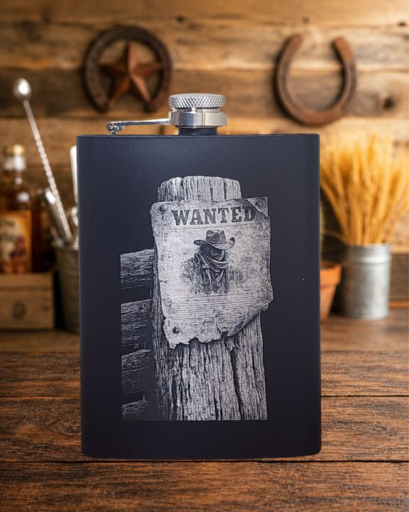 Black stainless steel flask laser engraved with an Old West Wanted poster design